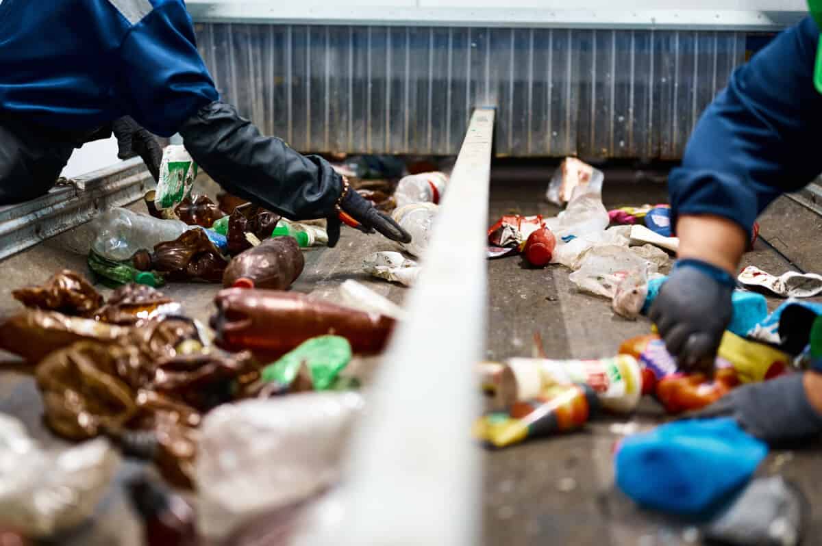 AccuPick Solution de gestion intelligente des déchets 1 Worker sorts trash on conveyor belt at waste management recycling plant