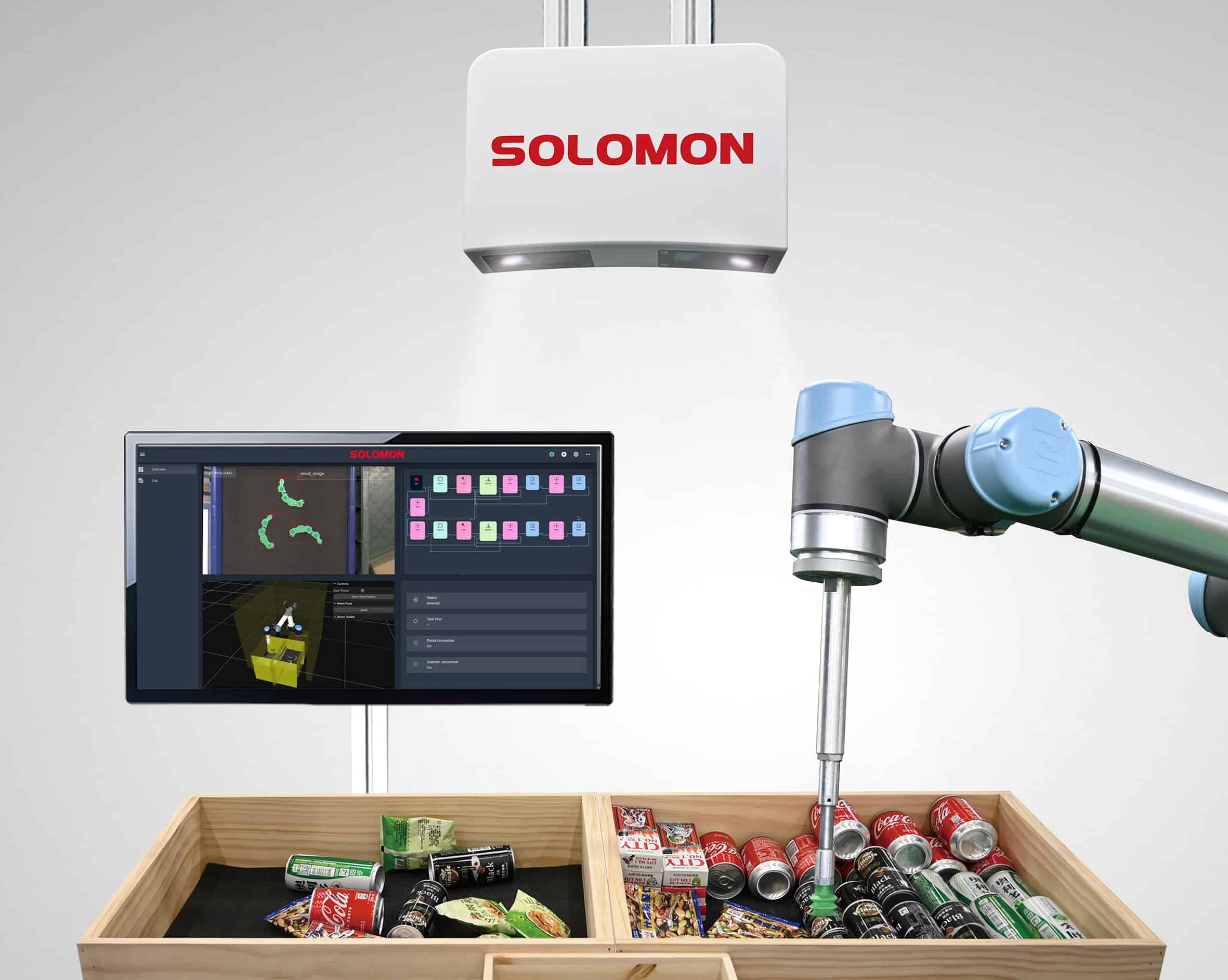 Illustrative concept of Solomon robotic bin picking system integrated with NVIDIA Isaac, showing AI vision, 3D sensor data, and object recognition for automation workflows.