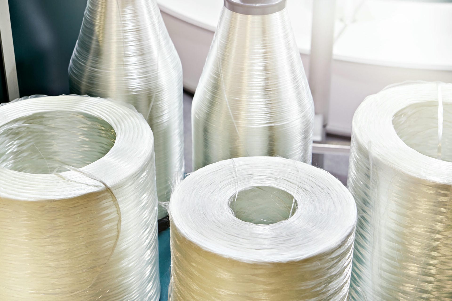 Fiberglass bobbins in a warehouse