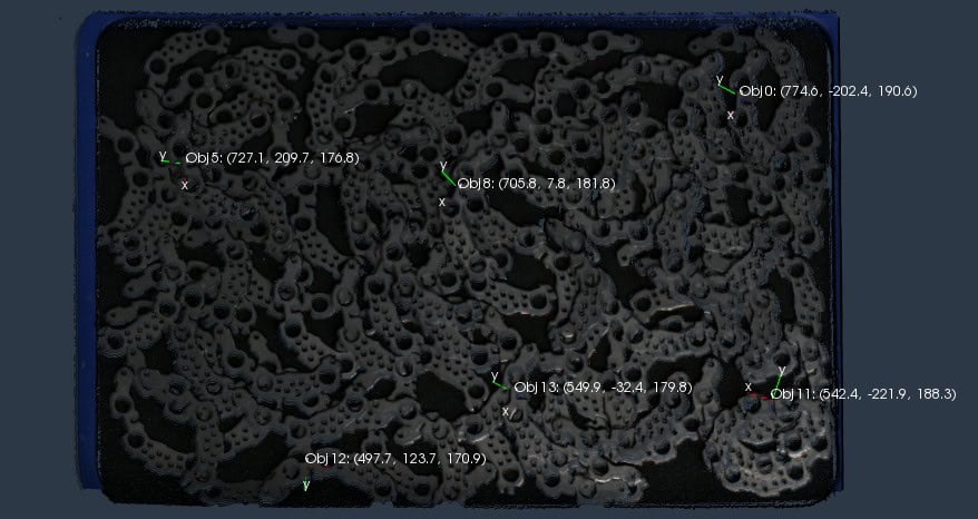 3D point cloud of randomly arranged metal items with pick point placement