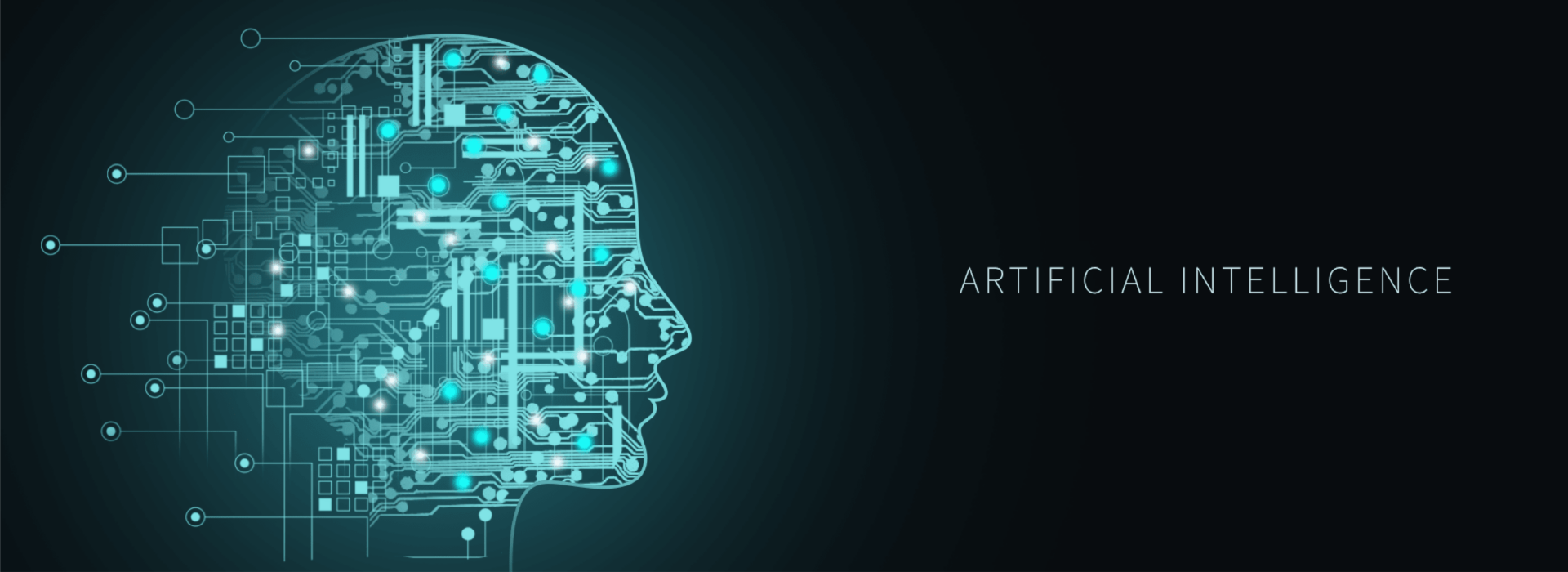 Stylized graphic of a neural network representing an AI brain, with the words 'Artificial Intelligence' in capital letters.