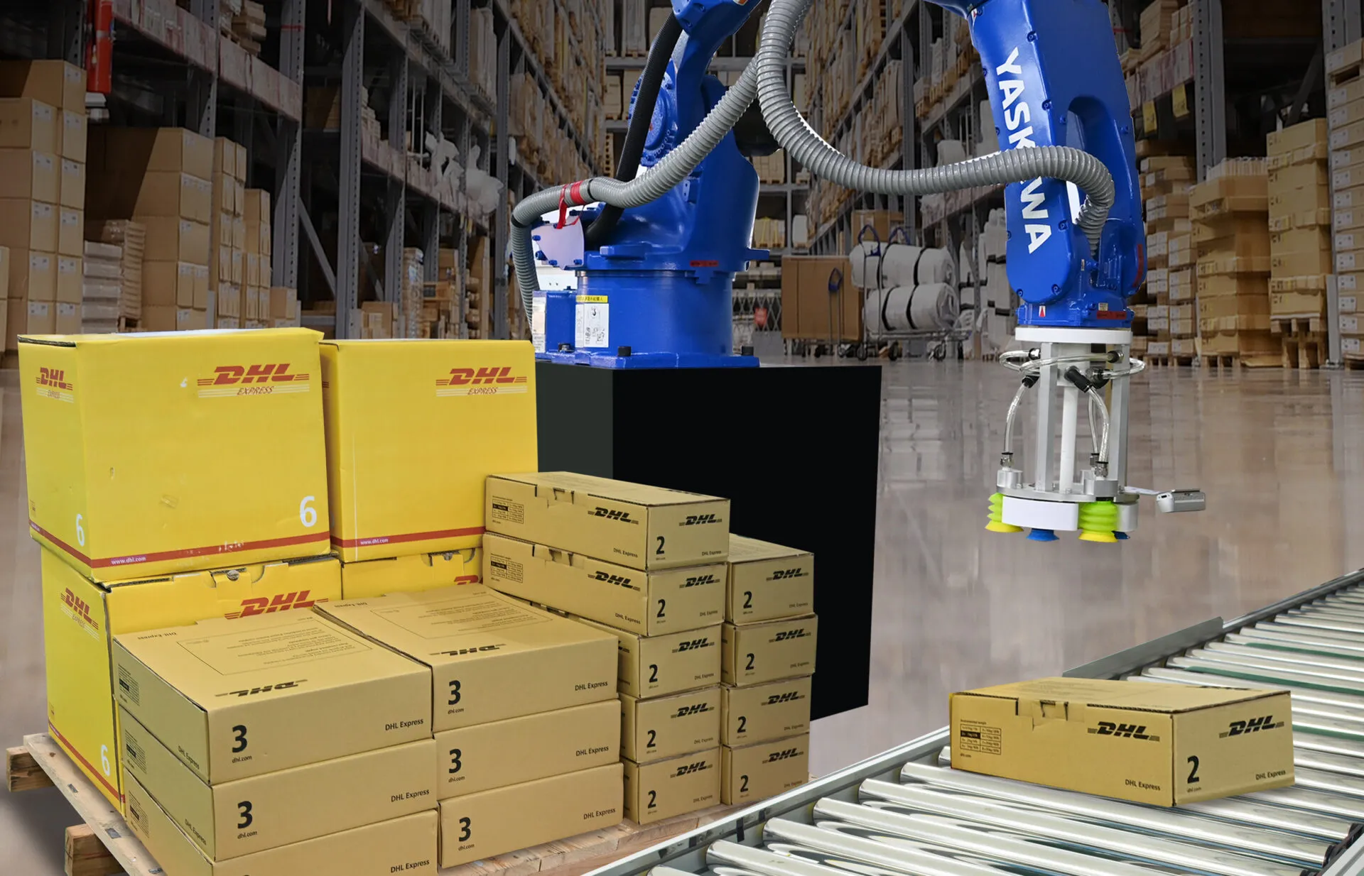 Mixed Depalletizing assorted boxes are picked from a pallet and placed onto a roller conveyor using a Yaskawa robot arm powered by AccuPick Instant