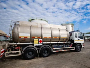 a chemical tanker truck parked in a petroleum depot