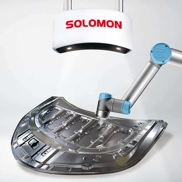 Industrial robot demonstrating vision-guided robotics with SolMotion software and 3D scanning for fully automated part manipulation.
