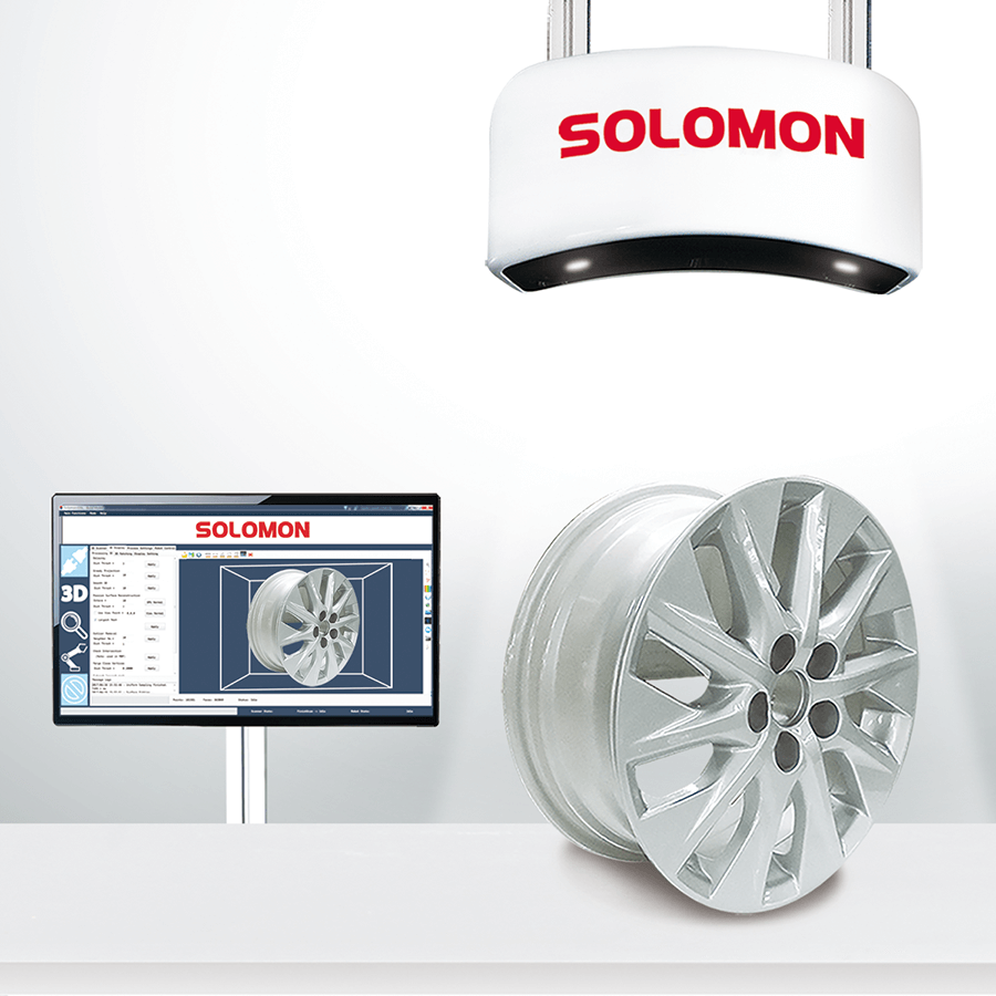 Solomon SolScan industrial 3D camera scanning a car alloy wheel using SolVision AI vision software for high-precision inspection and manufacturing automation.