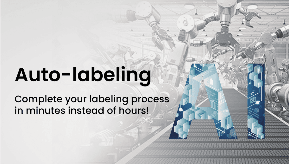 An announcement graphic for AccuPick auto-labeling, featured on the page 'AccuPick 3D Auto-Labeling Announcement'. The visual includes large, bold text 'Auto-labeling' and the benefit message 'Complete your labeling process in minutes instead of hours!'. Next to this, large stylistic letters 'AI' are filled with a detailed, photorealistic 3D simulation of multiple robotic arms in a factory environment, illustrating the technology that reduces manual annotation and accelerates AI vision system deployment.