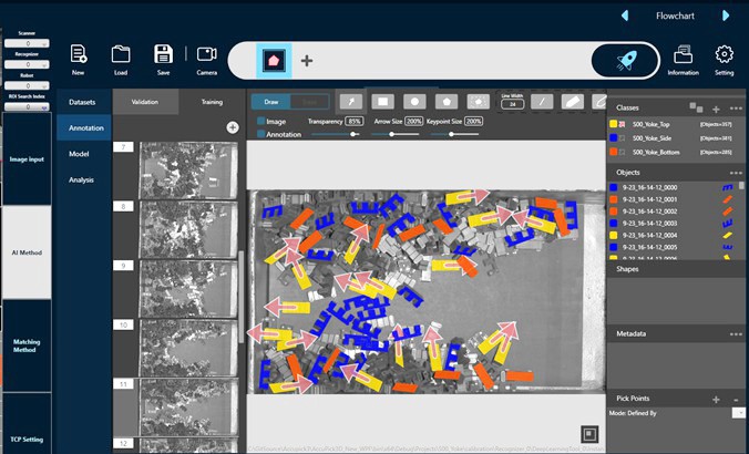 Captura de tela da interface de visão AccuPick IA, mostrando o processo de anotação e treinamento em deep learning para bin picking robótico de componentes de painéis elétricos.