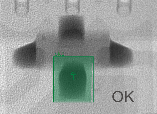 X-ray inspection of a high-quality BGA soldering joint classified as 'OK' by an AI-driven automated inspection system, ensuring manufacturing compliance.