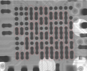 AI-powered BGA soldering inspection identifying electrical bridging and short circuit defects between solder joints, highlighted with red indicators for quality assurance.