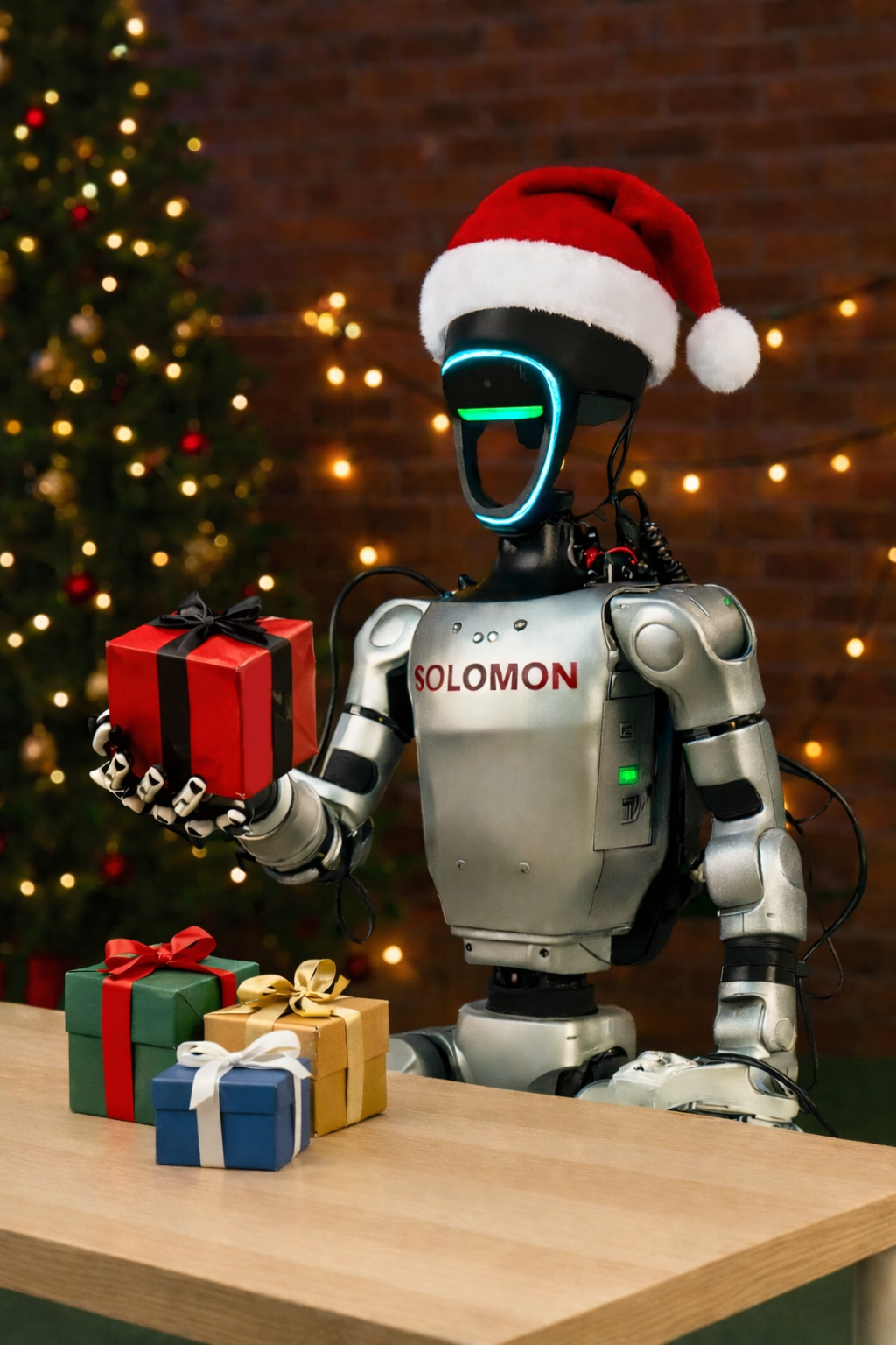 A festive Solomon humanoid robot wearing a Santa hat and holding a red Christmas gift box, serving as the cover image for ‘Santa’s “Smart” Helper: Christmas Gift Defect Detection’ landing page.
