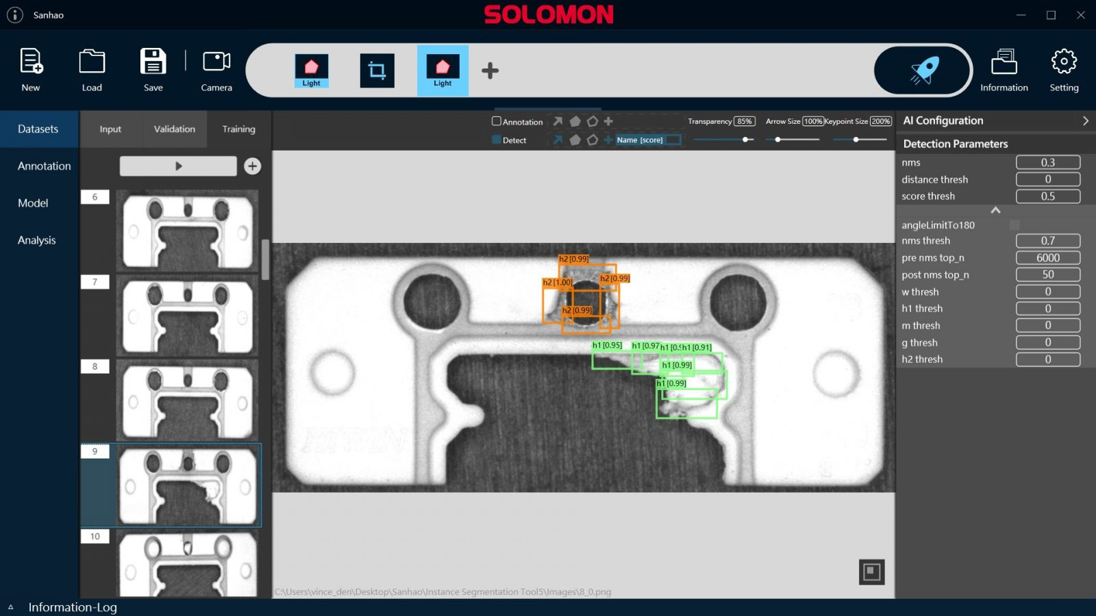 Injection Molded Rubber Inspection Using SolVision Screenshot of SolVision AI Vision System software showing the inspection of an injection-molded rubber part, highlighting a detected defect with a red bounding box.