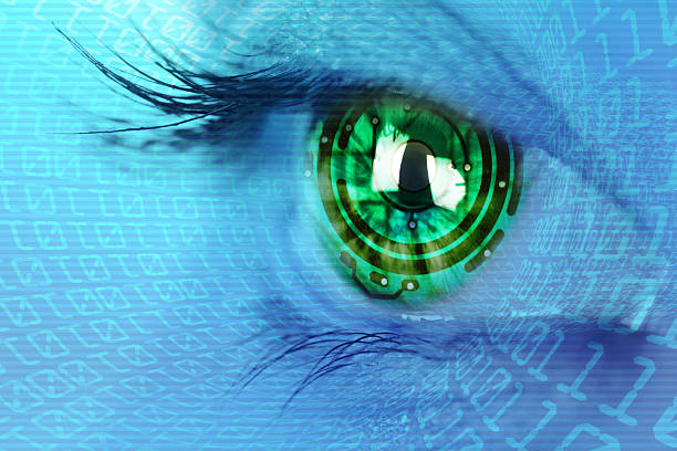 Machine Vision Stylized image representing machine vision of a green eye on a textured blue background