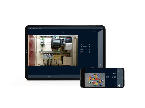 Explore META-aivi AR + AI Vision System A tablet and smartphone showing META-aivi software for human-AI collaboration, featuring digital overlays on an electrical control panel and a tray of small components to assist frontline workers with automated inspection and counting.