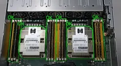 META-aivi verifies PCB component presence and placement with bounding box overlays indicating a passed inspection.