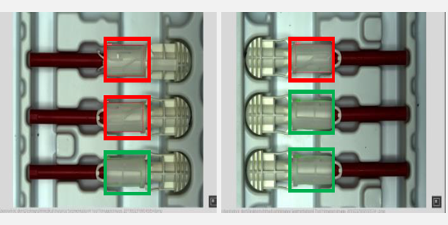 A side-by-side view of safety syringes in a production tray being inspected by the META-aivi platform. The AR and AI system uses red bounding boxes to flag defects and green bounding boxes to identify passed items, streamlining human-AI collaboration during the pharmaceutical manufacturing process.