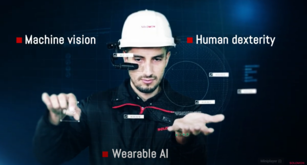 Frontline worker wearing Solomon META-aivi smart glasses demonstrating wearable AI, augmented reality, and machine vision for industrial operations.