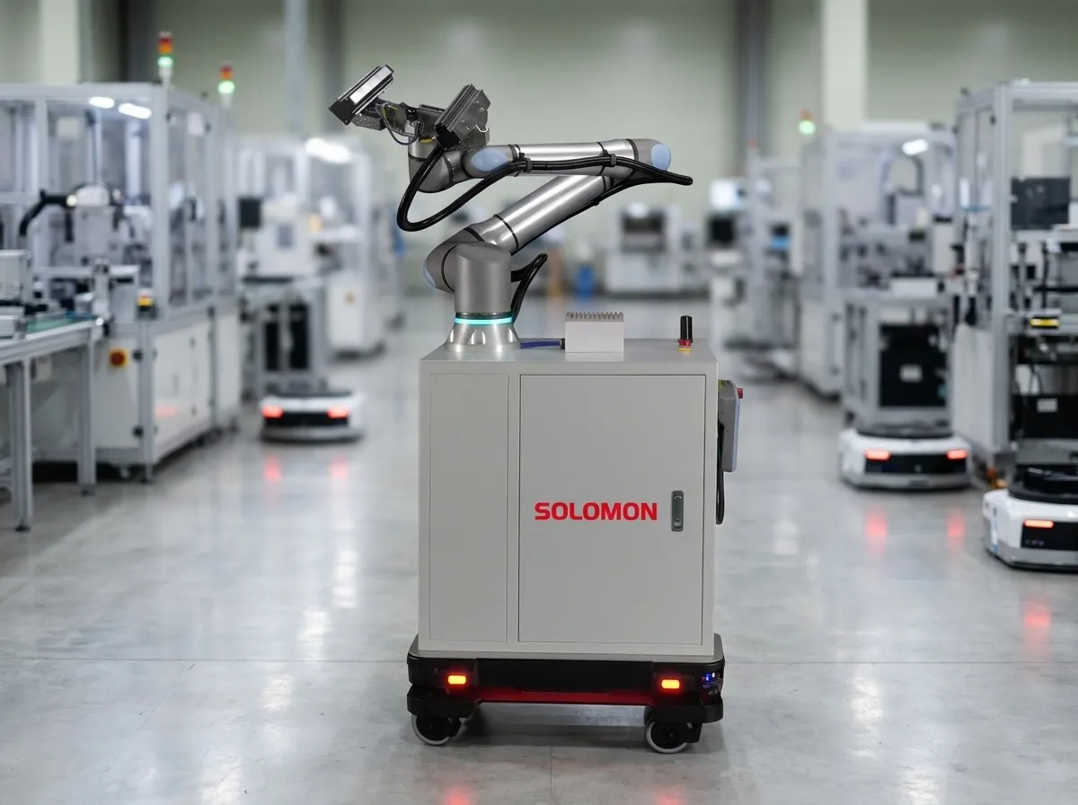 Autonomous mobile robot (AMR) navigating a factory floor, demonstrating Physical AI for real-time internal logistics and material transport.