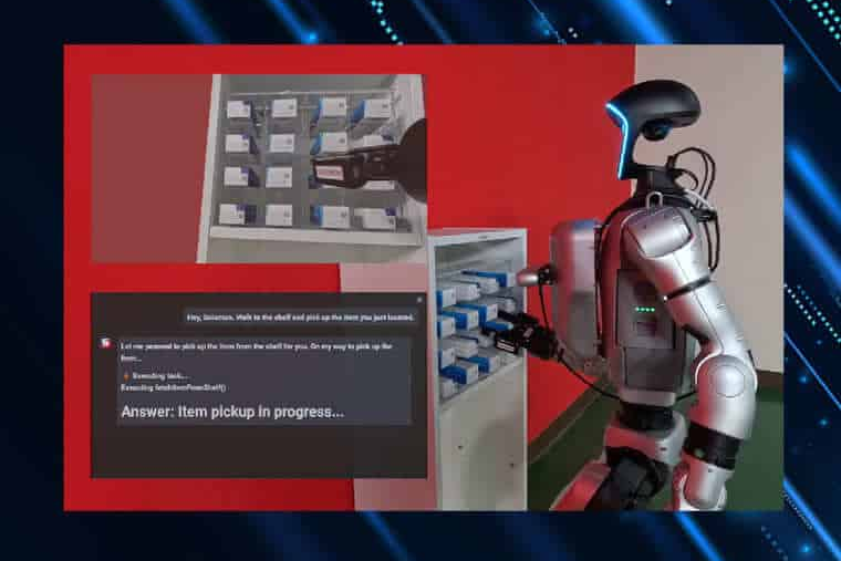 Physical AI for Emerging Robotics and Humanoid Systems Humanoid robot performing item picking from storage shelves, demonstrating Physical AI with integrated vision system for industrial task execution.