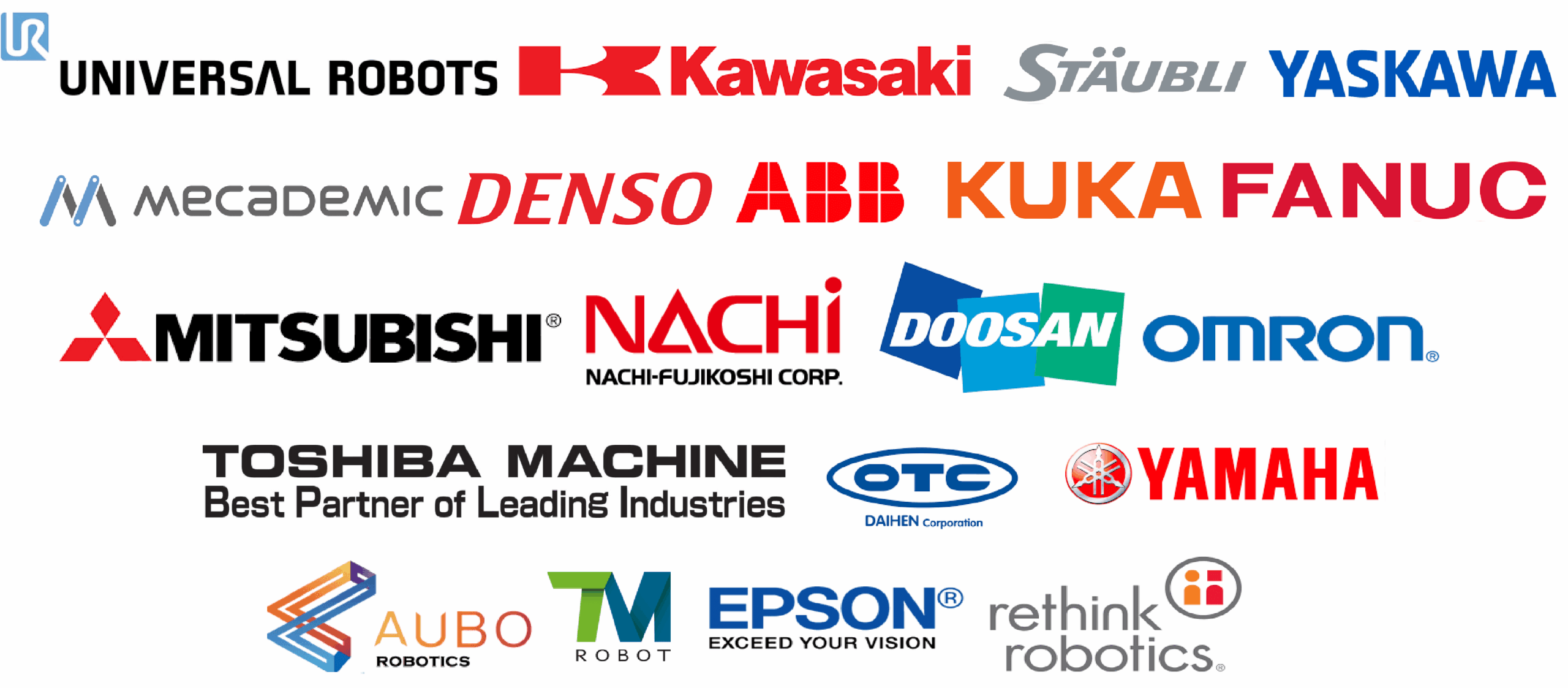 Solomon 3D Vision Solutions Compatibility with Major Robot Brands Logos of robot brands compatible with Solomon's AI-powered 3D vision solutions, including Universal Robots, Fanuc, Kuka, ABB, Yaskawa, Staubli, Nachi, Mitsubishi, Omron, Denso, Kawasaki, Mecademic, Doosan, Toshiba Machine, OTC, Yamaha, Epson, Rethink Robotics, TM Robot, and Aubo Robotics.