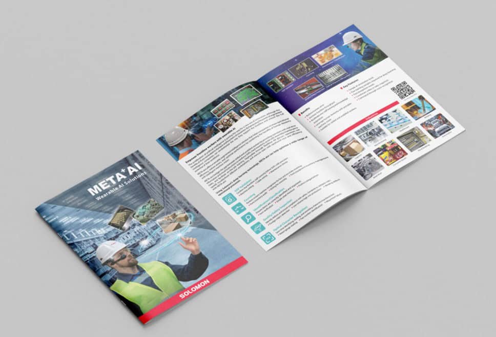 Cover and open spread of Solomon AI product brochures highlighting industrial AI capabilities.