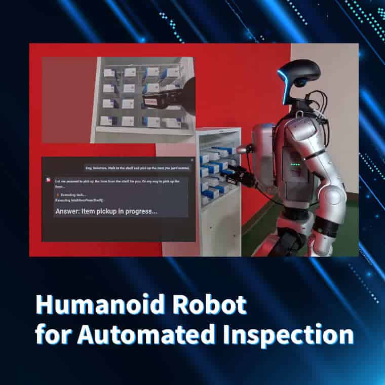 Solomon Super Vision humanoid robot performing automated inspection tasks in a warehouse, interacting with AI command interface for item recognition and pickup.