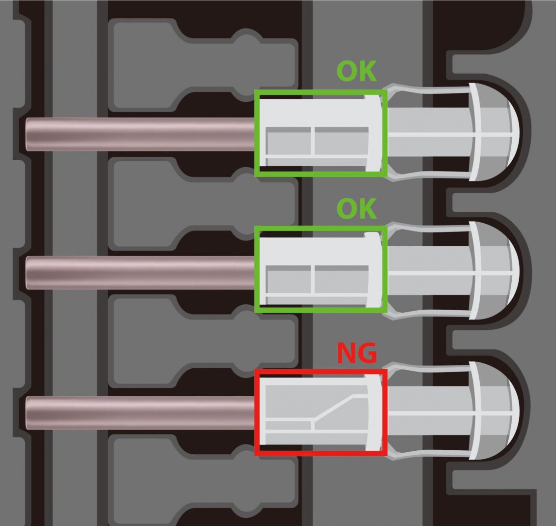 SolVision AI inspection of safety-engineered needles showing conforming (OK) and non-conforming (NG) components.