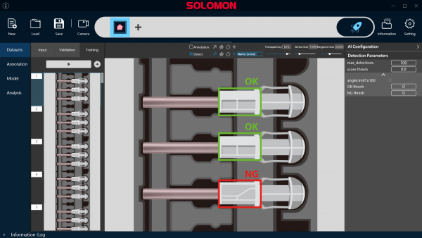 安全機構付き注射針のリアルタイムOK/NG欠陥検出を表示するSolVision AIビジョンシステムの検査インターフェース。