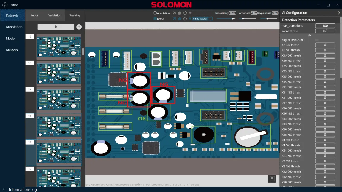 AI基板検査中に、SolVisionソフトウェアが実装済みプリント基板を解析し、部品位置と検出された実装不良を表示している画面。