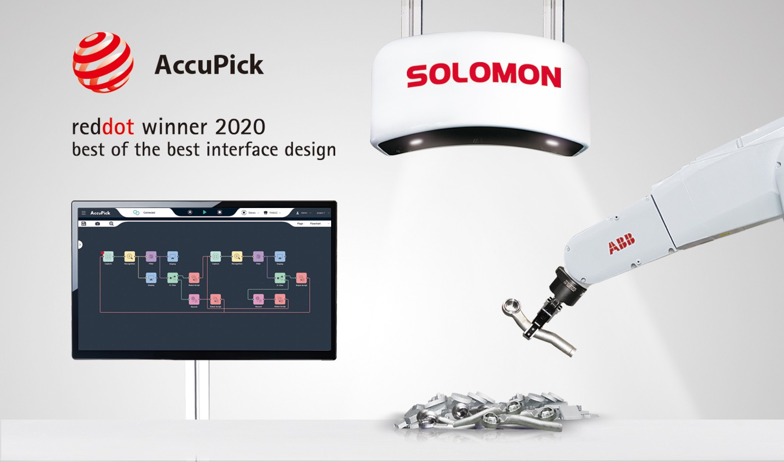 Graphic showcasing the Red Dot 'Best of the Best' winner, AccuPick 3D. The image features an ABB robot and a monitor displaying the intuitive graphical flow-chart user interface for fast, user-friendly bin picking setup.